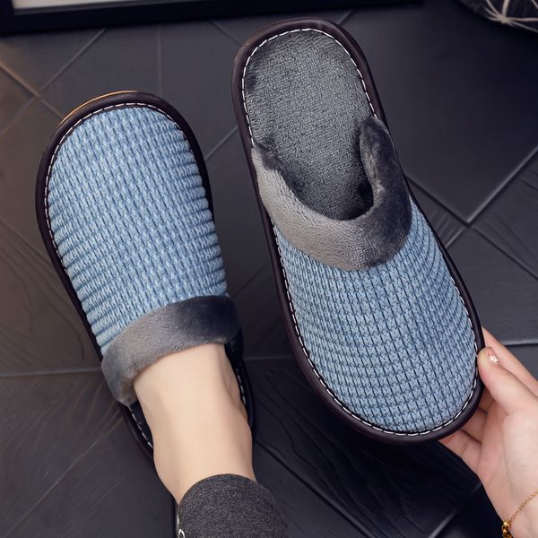 

plus size winter slippers home plush warm cozy house slipeprs female cotton fabric wear-resistant antiskid men slippers, Black