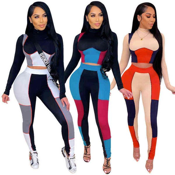 Track Trainingsanzug Frauen Sportwear Langarm Crop Tops und Hosen Leggings Sets 2 Stück Lounge Wear Sweatsuit Großhandel Dropping 211116