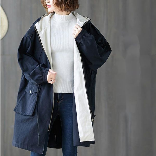 

women's trench coats spring autumn coat for women drawstring waist large size long tooling overcoat korean loose hooded windbreaker fem, Tan;black