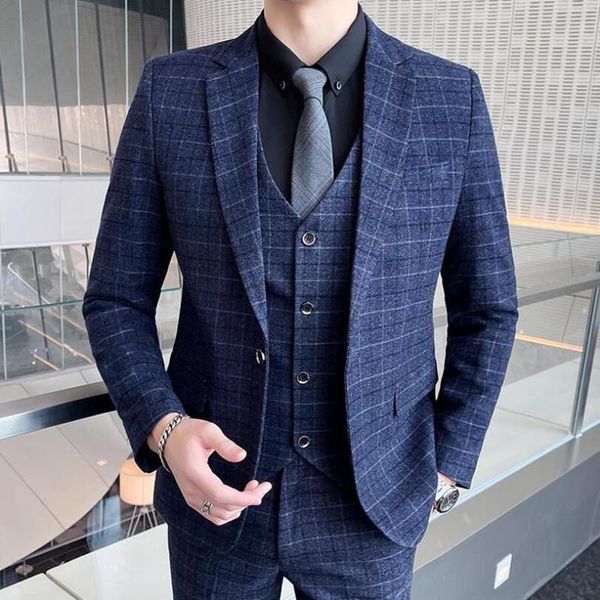 

men's suits & blazers ( jacket+vest+pants ) 2021 brand boutique lattice retro design mens casual business slim suit groom wedding dress, White;black