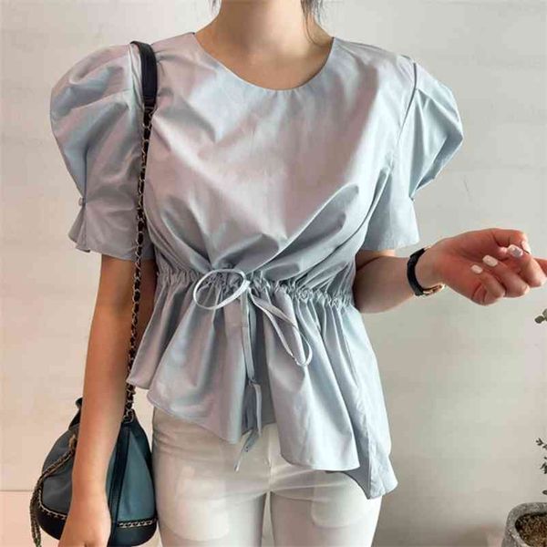

o neck pullover puff short sleeve solid blouse women slim waist sashes work style ol blusas summer simple shirt 210422, White