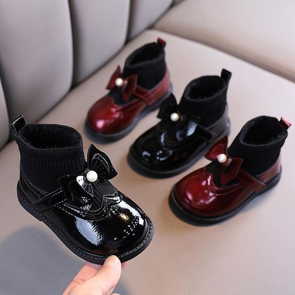 

flat shoes winter girls patent leather boots pearl bow warm plush sock princess square hell platform school 2 3 4 year, Black;grey