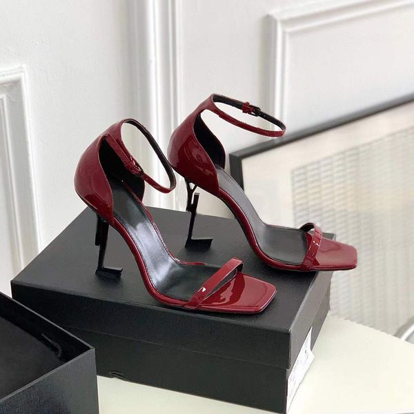 

luxury designer women's high-heeled sandals metal heel banquet dress shoes black white patent leather 10cm flat toe women shoe factory