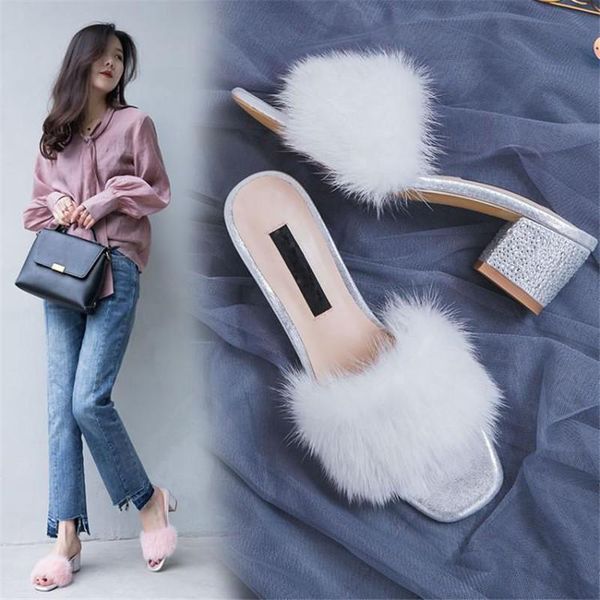 

slippers 2021 women's shoes white blue pink mink hair thick heel high heels, Black