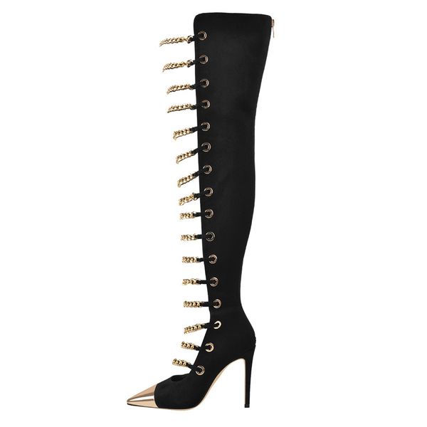 

boots onlyfabricante sandÃ¡lias femininas de corrente metal, com alÃ§as, longas renda, salto alto, zÃ­per traseiro, bico ponteagudo, tozk, Black