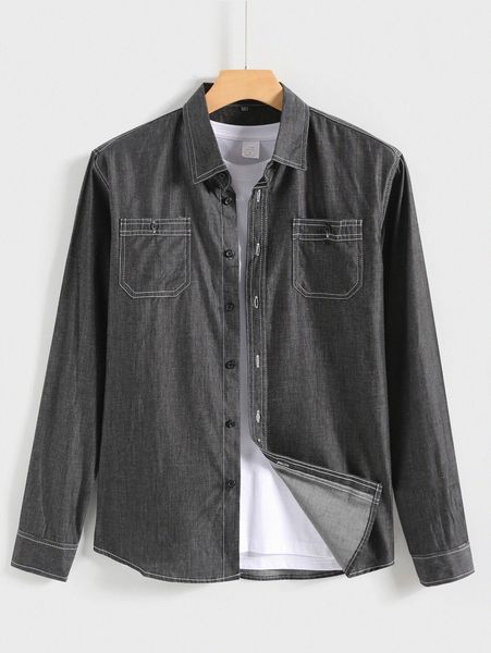 

men button front pocket patched denim shirt without tee z0lb#, Blue