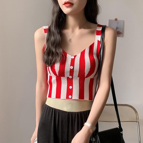 

spring summer korean style fashion retro all-match inside wear stripe base short knit vest 2021 women's tanks & camis, White