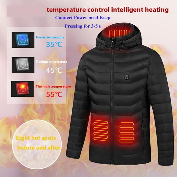 

men's down & parkas smart heated jackets autumn winter warm flexible thermal hooded usb electric outdoor coat high 4 areas, Black