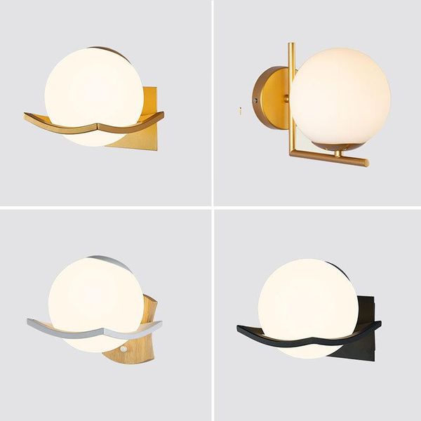 

modern glass wall lamp moon gold black white design round indoor bedside reading mounted nordic wood led light fixture
