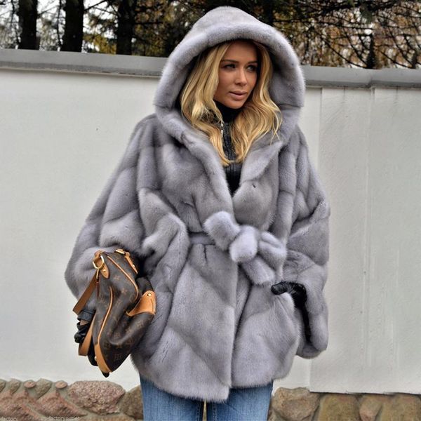 

women's fur & faux women real mink coat with hood natural woman full pelt jacket batwing sleeved loose overcoat 2021, Black