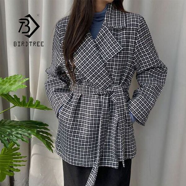 

vintage notched collar jackets women lace-up houndstooth woolen coats winter loose warm female blend coats s0d07c 210419, Black
