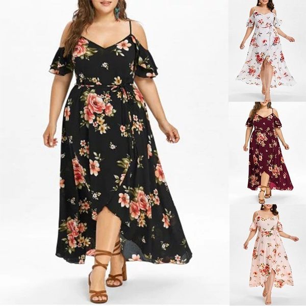 

plus size 5xl summer dress women casual short sleeve cold shoulder loose dress boho floral print women long dress, Black;gray