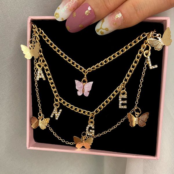 

necklaces pendants flatfoosie multilayer butterfly pendant for women gold color crystal angel letters choker boho jewelry gift, Silver