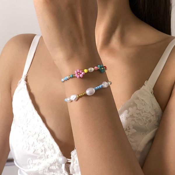 

charm bracelets origin summer bohemia 2 pieces/set multicolor beaded bracelet for women beach rainbow daisies elastic handmade gifts, Golden;silver