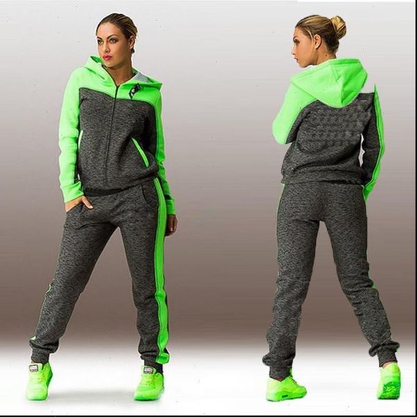 

2 womens tracksuits piece sets plus size solid women sport running set loose hoodies zippers long pant autumn fashing suits, Gray