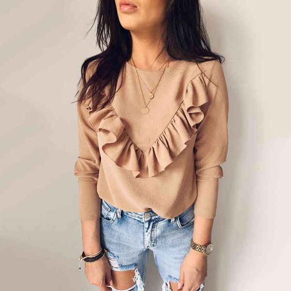 Weiß Schwarz Khaki Rüschen Patchwork Süße Frauen Herbst Tops Lose Casual Shirts Langarm O Hals Weibliche Blusen Büro Damen 210507