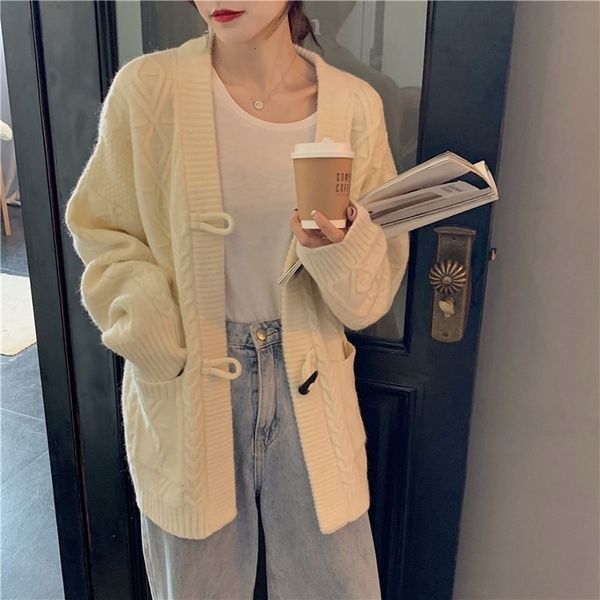 

hoodies winter knit loose horn buckle wool cardigan sweater women plus size, Black