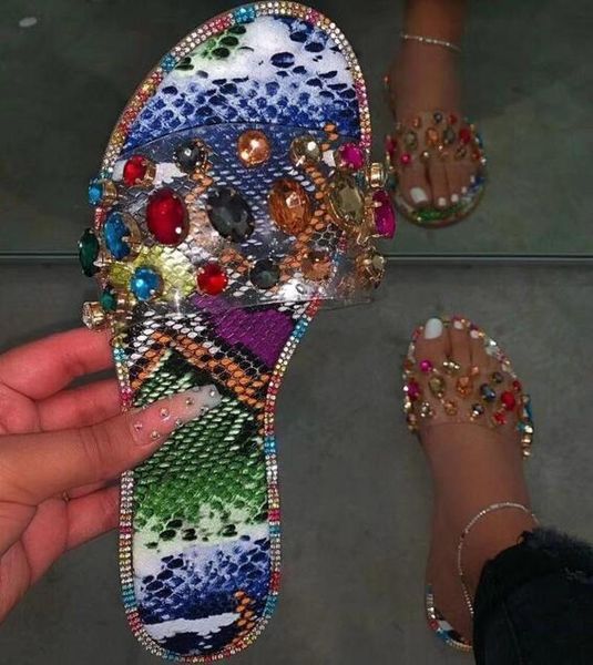 

red/blue snake pattern gem pvc slippers women outdoor candy-colored beach sandals spring summer ladies bright rhinestones ms, Black