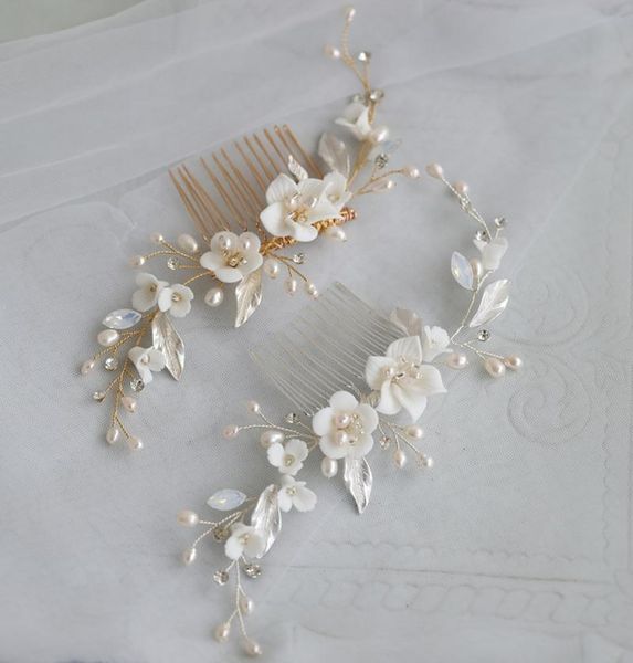 

hair clips & barrettes freshwater pearls jewelry bridal comb wedding piece white flower women ornament accessories, Golden;silver