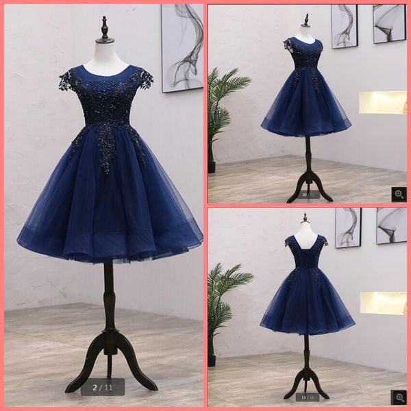 

vestido de festa navy blue tulle a line short prom dresses beaded lace appliques cap sleeve petite party dress knee length informal corset c, Black