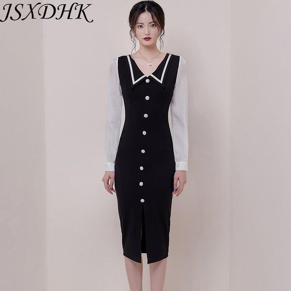 

casual dresses jsxdhk runway designer women sheath pencil ol dress autumn black white patchwork single breasted bodycon office ladies, Black;gray