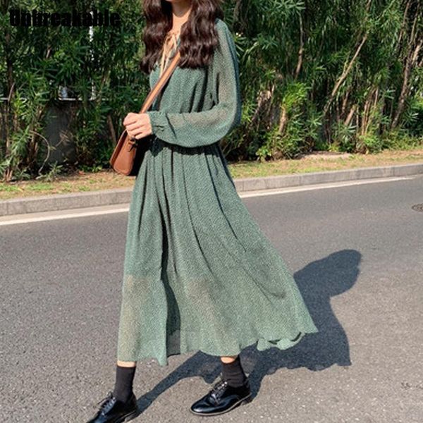 

vintage lace up polka dot women green dress spring elastic waist female long 2021 summer a-line vestidos femme casual dresses, Black;gray