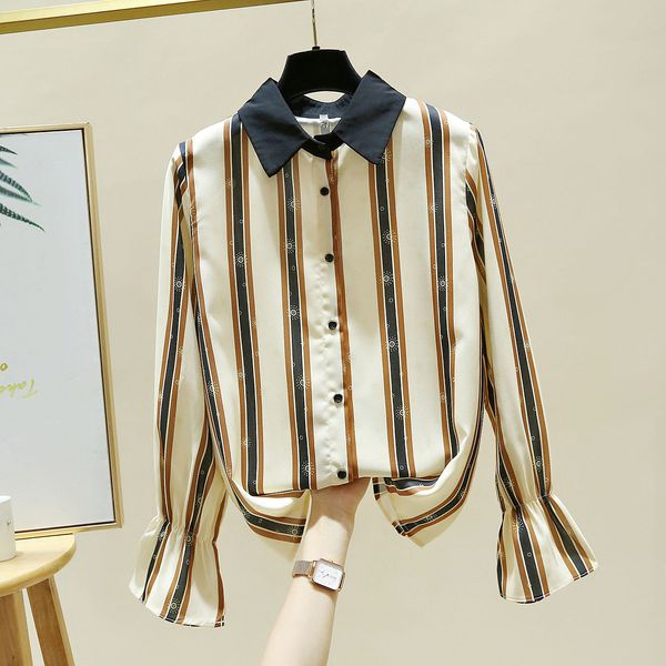 

spring autumn korean style office ladies turn down collar long sleeves stripe shirt women's casual blouse shirts a4416 210428, White