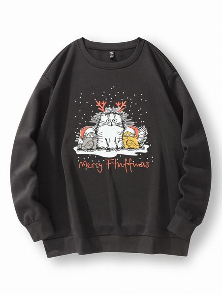 

plus christmas & letter graphic thermal sweatshirt f4dw#, Black