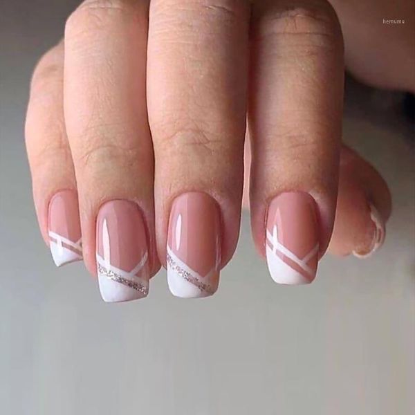 

press on nails with designs twill french manicure finished fake nail patch wearable full cover tips false1, Red;gold