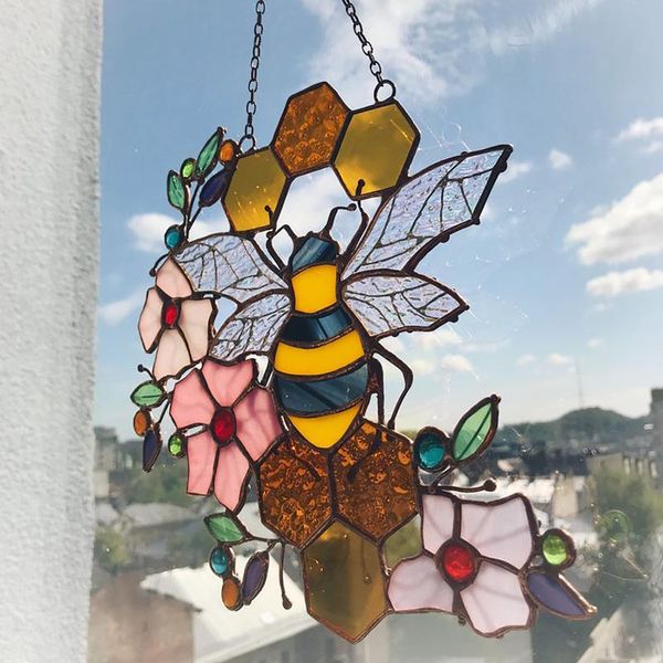 

stained glass honeycomb with bumble bee charm suncatcher hanging decoration wall window decor housewarming gift decorative objects & figurin
