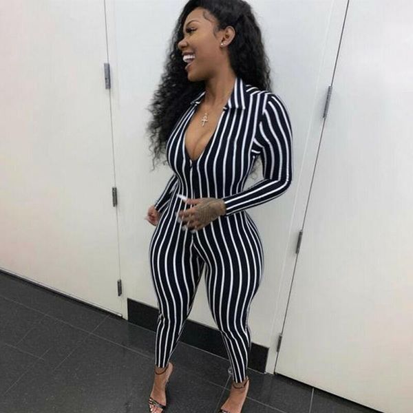 

women's jumpsuits & rompers 2021 womens long sleeve strpie bodycon jumpsuit romper cocktail playsuit pants, Black;white