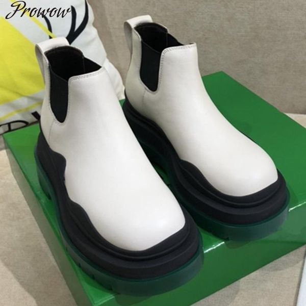 

boots prowow women platform ankle short slip on woman shoes round toe genuine leather thick bottom, Black