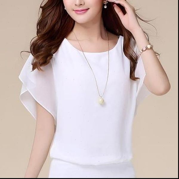 

casual women womens shirts chiffon blouse female solid short sleeve ruffle batwing shirt summer beach plus size, White