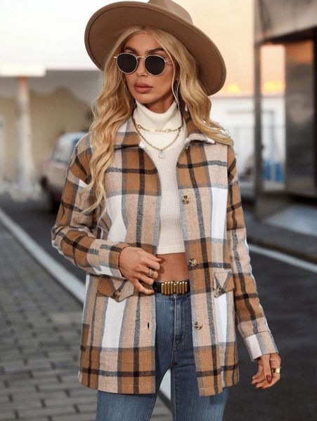 

plaid drop shoulder overcoat w5b7#, Black