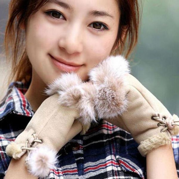 

children's mittens women's imitation hair faux leather fingerless wrist gloves warm soft accessories, White