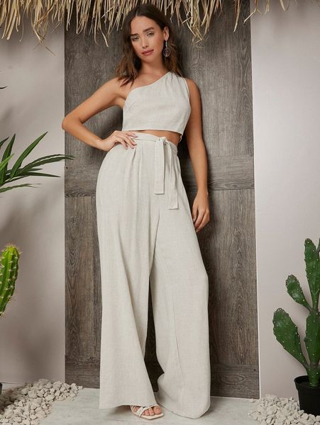 

one shoulder crop & palazzo belted pants set 87eh#, White