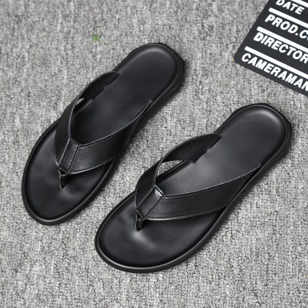 

slippers men flat sandals genuine leather flip flops classic roman outdoor beach slipper shoes summer casual non-slip, Black