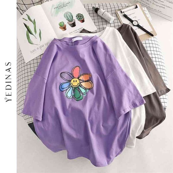 

yedinas sunflower print t shirt women summer t-shirt cotton female japanese style aesthetics oversized streetwear tee shirt 210406, White