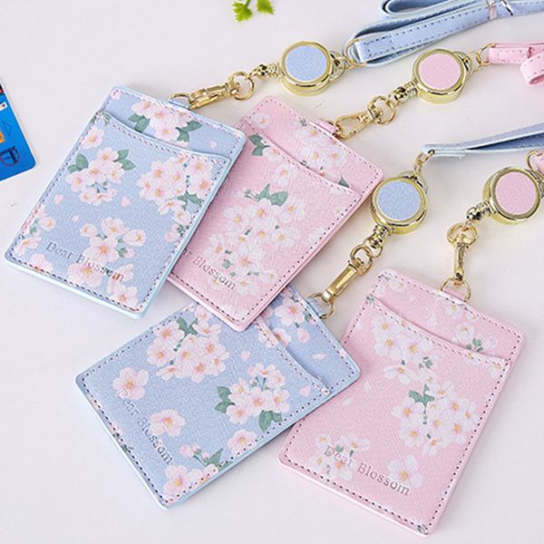 

cute retractable flowers 2 bits card holder identity badge reel with lanyard pu neck strap card bus id ic student cardholders, Brown;gray