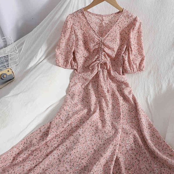 

vintage floral printed chiffon dress women elegant v-neck drawstring short sleeve high waist casual vestidos summer 210426, Black;gray