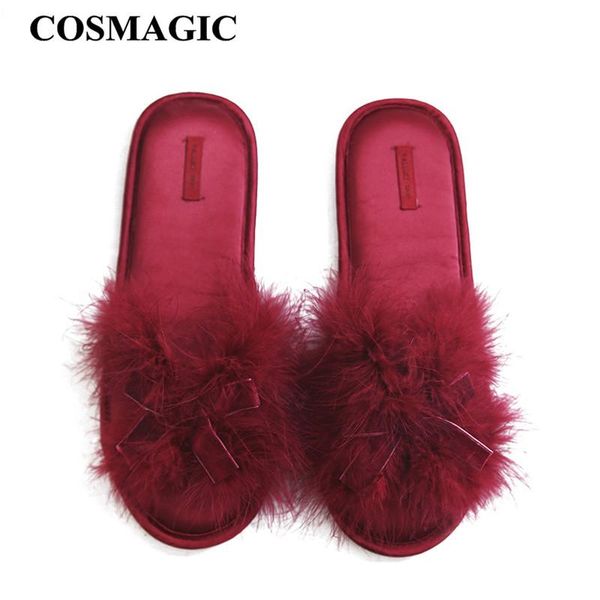 

slippers cosmagic 2021 summer women feather flip flops indoor slipper bowknot lightweight house floor living room sweet shoe, Black