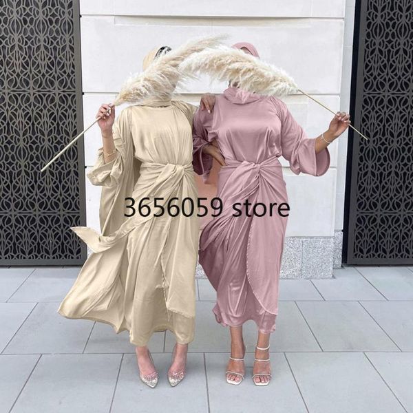 

ethnic clothing kaftan abaya satin dubai turkey islam arabic muslim sets robe longue kimono ensemble femme musulmane abayas for women morocc, Red