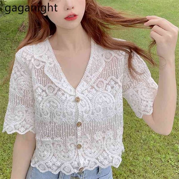 

elegant women and blouse notched hollow out lace summer short sleeve see-through white shirt femme 210601