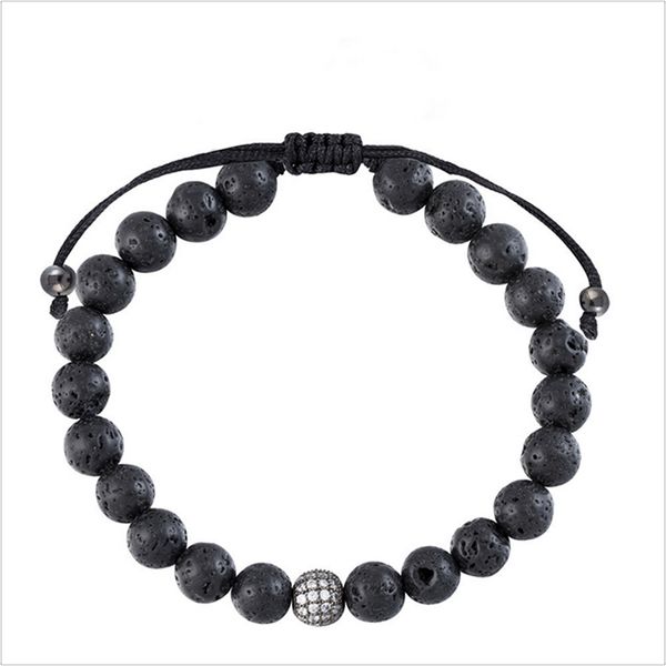 Braccialetto alla moda da uomo russo Bracciale in pietra vulcanica nera con pietra naturale Braccialetto regolabile con zirconi intarsiati in rame rotondo di lusso