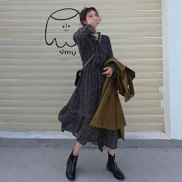 

moluleva casual autumn bownot quila dress feminine enlargement floral sleeve impression thin waist the line dressed as female, Black;gray