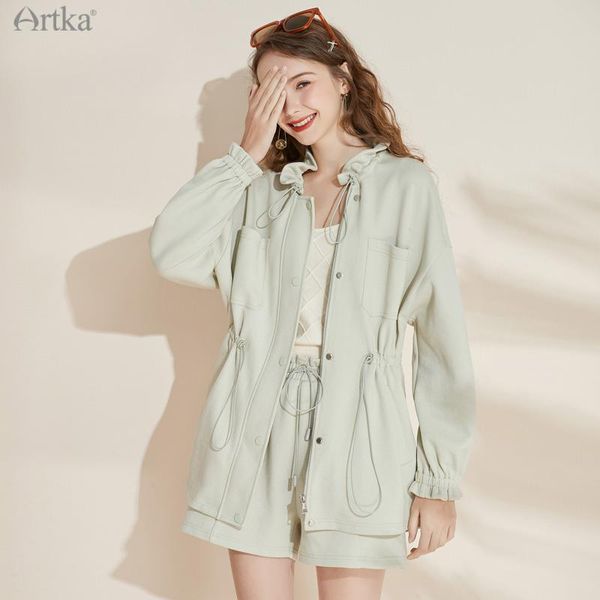 

women's tracksuits artka 2021 autumn women suits fashion casual ruffle sweatshirt coat 2 piece set loose elastic high waist shorts va20, Gray