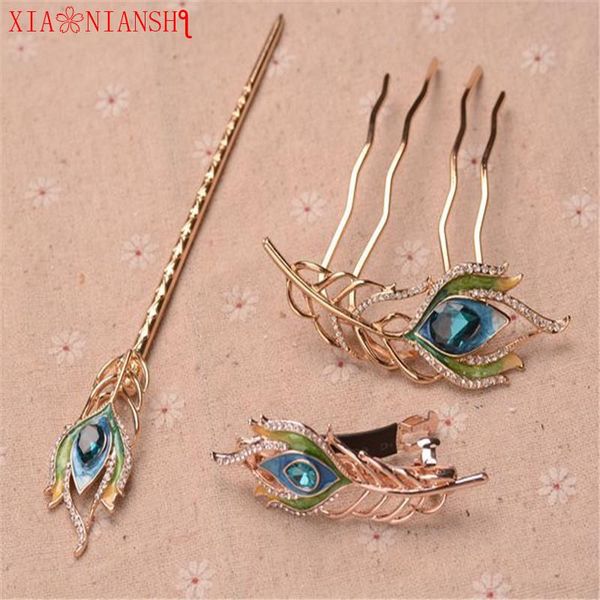 

hair clips & barrettes charm enamel peacock feather hairpin wedding accessories crystal sticks for noble women fork jewelry, Golden;silver