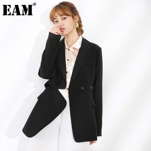 

[eam] women black button irregular big size blazer lapel long sleeve loose fit jacket fashion spring autumn 2021 1w52101 women's suits, White;black