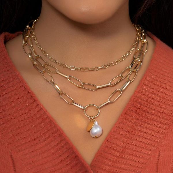 

punk multilayers imitation baroque pearl choker necklace statement round sequin pendant necklaces for women party jewelry, Golden;silver