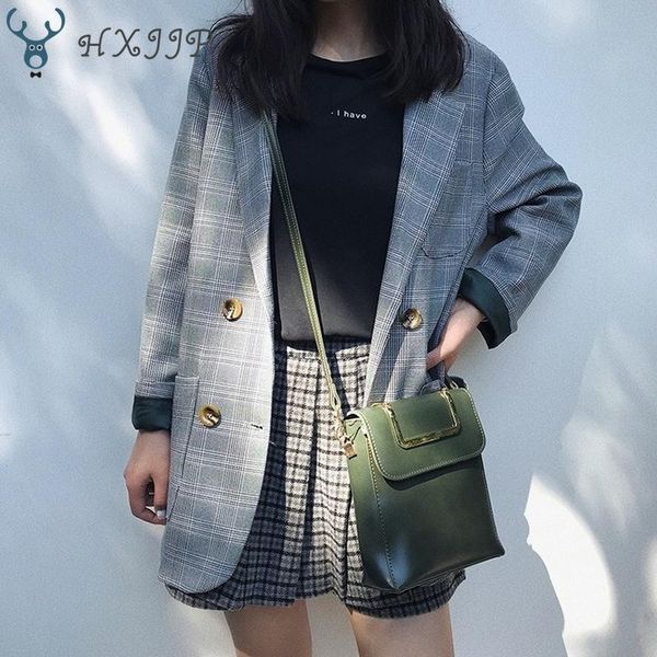 

women's suits & blazers spring women jackets blazer work outfit checkered ringer sleeve pocket loose cardigan office wear brown gray pl, White;black